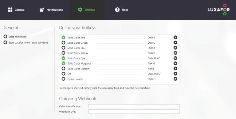 Settings tab on Luxafor Software