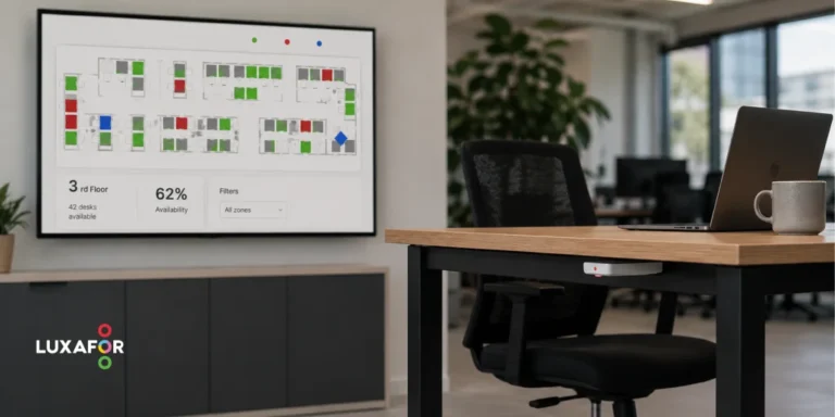 Cutting-edge productivity tools for the modern workspace 67 Wireless desk occupancy sensor mounted under a desk in a hybrid office, with a live desk availability map on a nearby screen